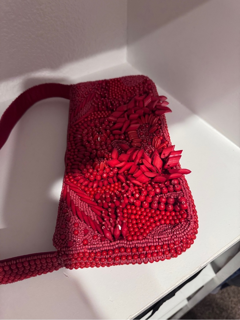 Red Beaded Floral Accent Women's Shoulder Bag